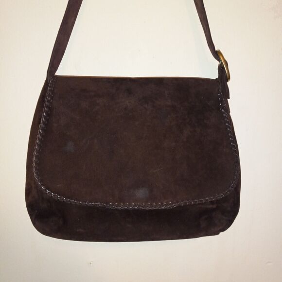 Vtg Eddie Bauer Suede Brown Hobo Adjustable Shoulder Bag-Braided Trim-Magnetic - Picture 1 of 14